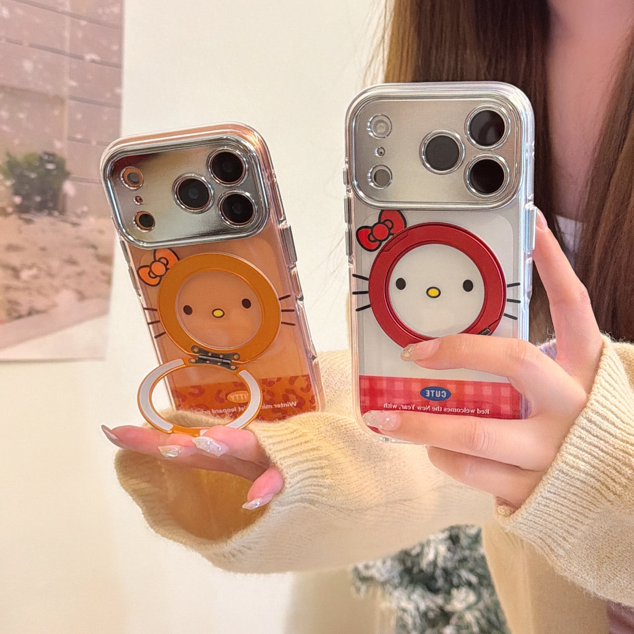 Red & Orange Hello Kitty Emoji Phone Case with Stand for iPhone 13-17 Pro Max