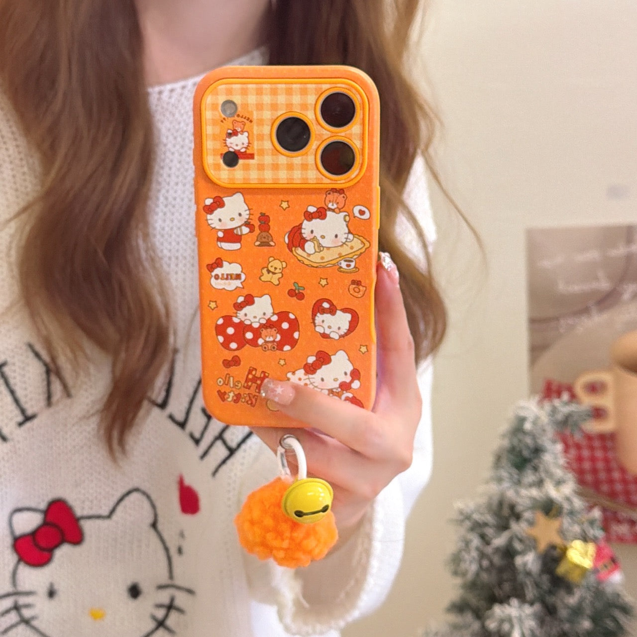 Orange polka dot Apple Kitty large window phone case