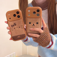 Brown plaid Rilakkuma emoji/Brown leopard print Kitty emoji rounded 3D phone case