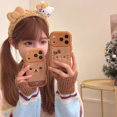 Brown plaid Rilakkuma emoji/Brown leopard print Kitty emoji rounded 3D phone case