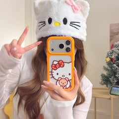 Orange-bordered Kitty hugging a bear rounded phone case