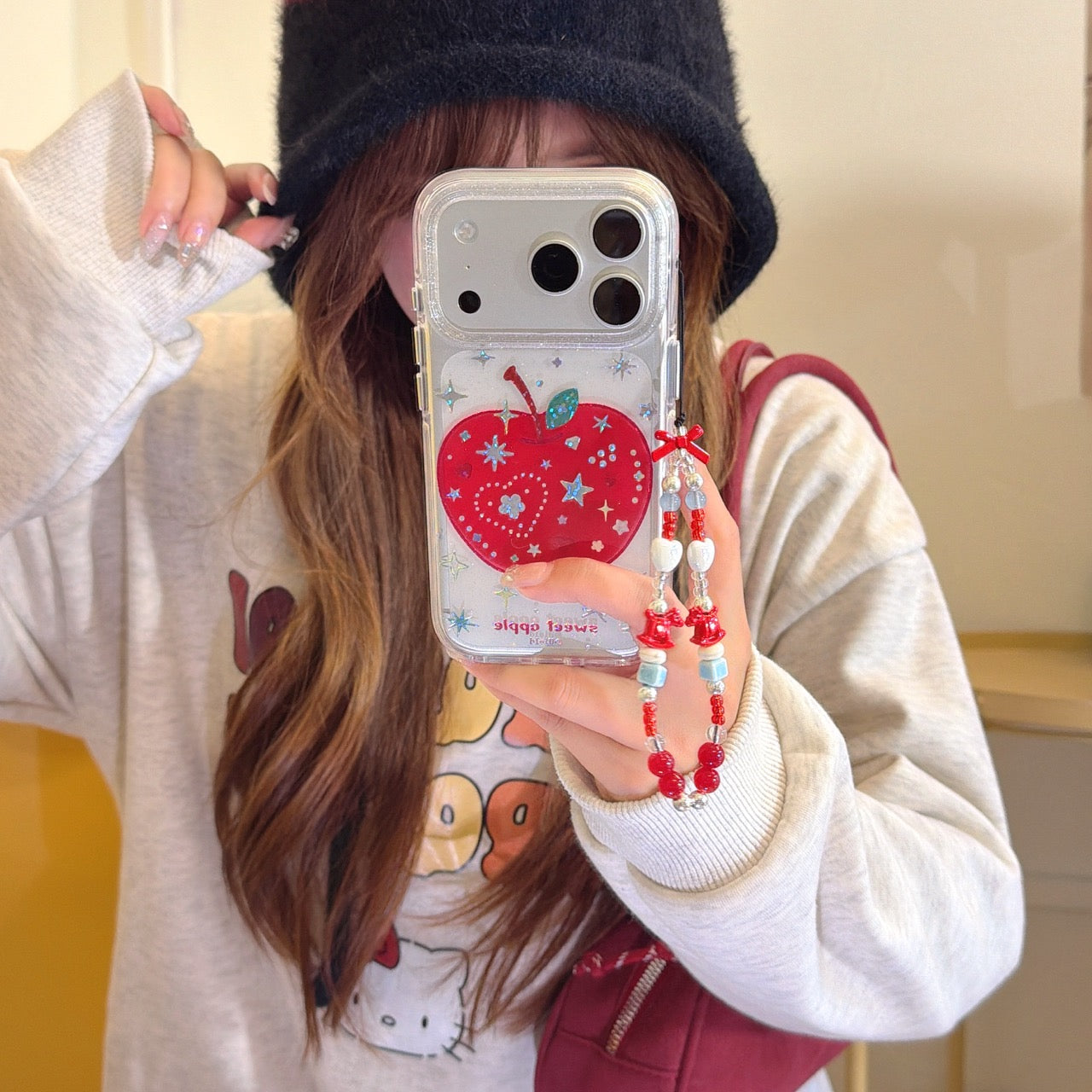 Sparkly Glitter Clear Red Apple Phone Case for iPhone 13-17 Pro Max