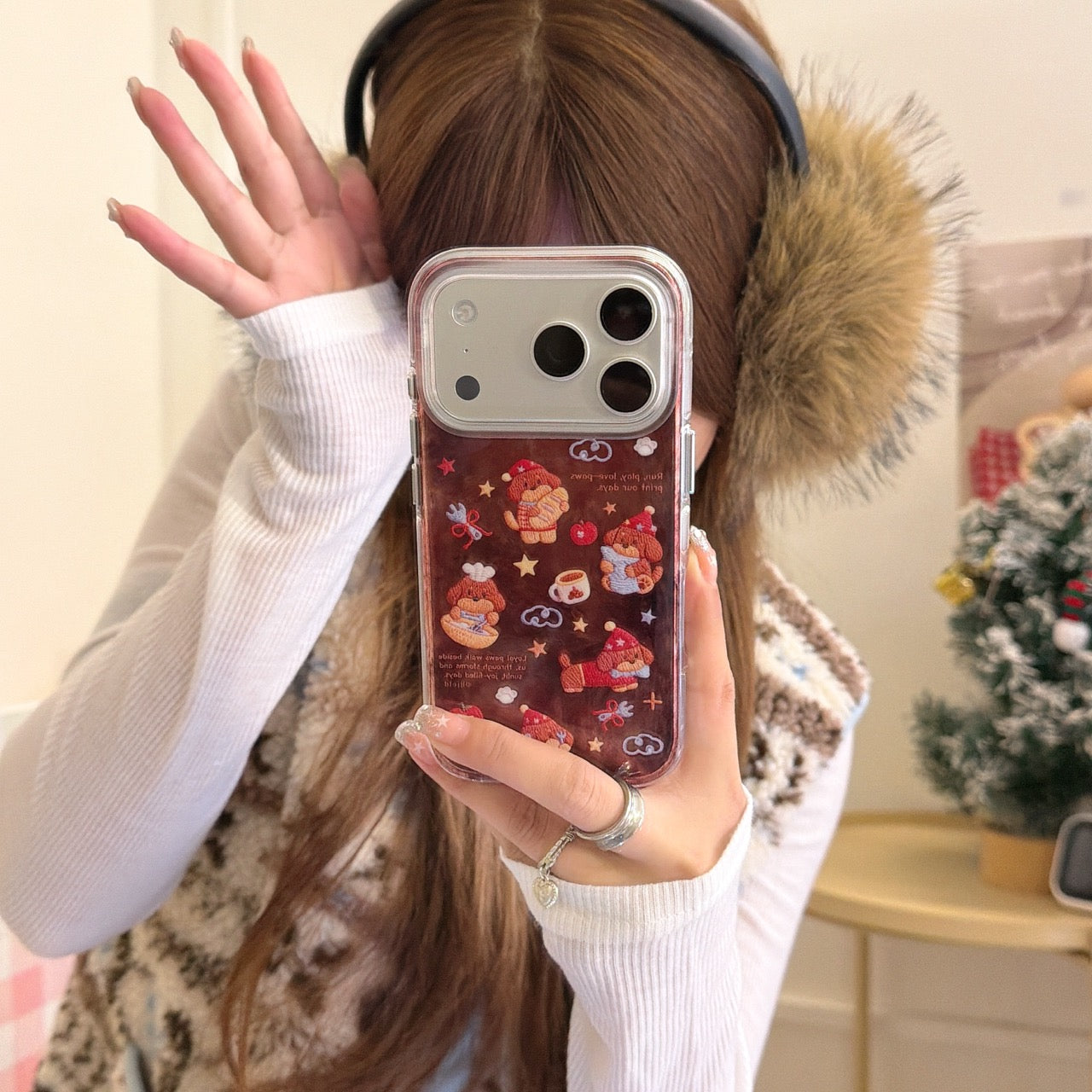 Brown plush red apple dachshund puppy anti-drop phone case