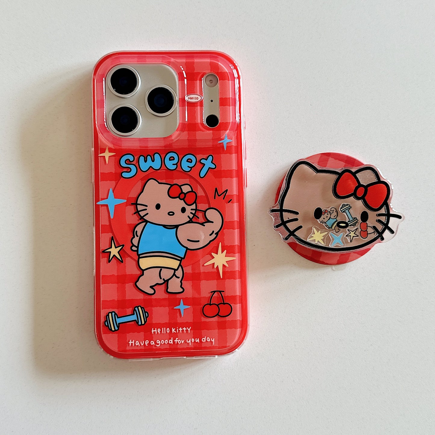 Red plaid Hercules Kitty phone case with magnetic stand