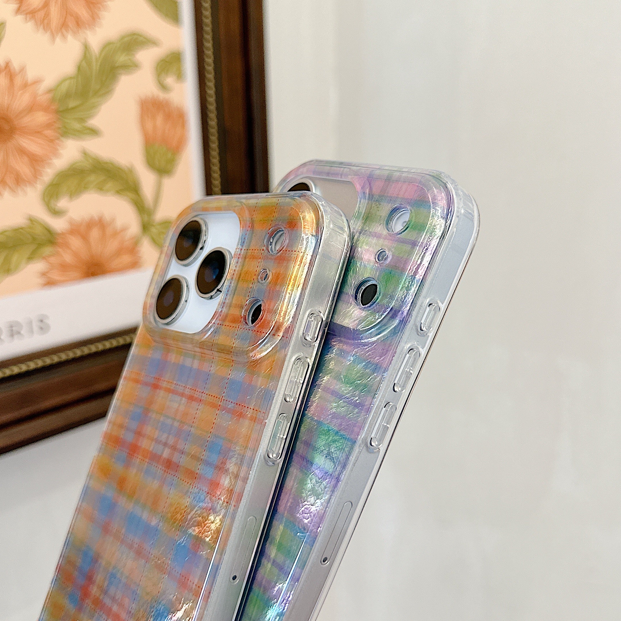 Purple and green checkered phone case with charm