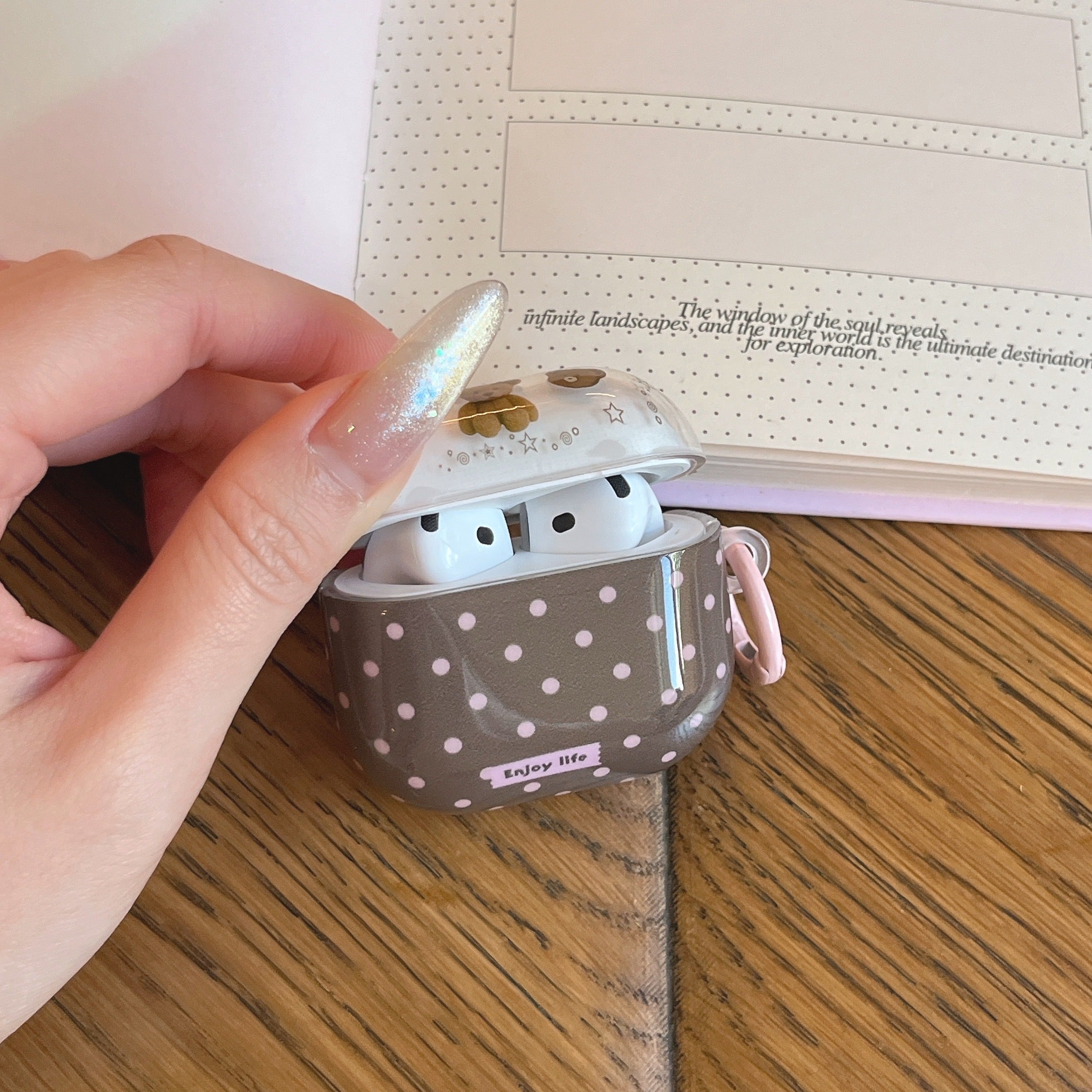 Brown and pink polka dot bear AirPods earphone case