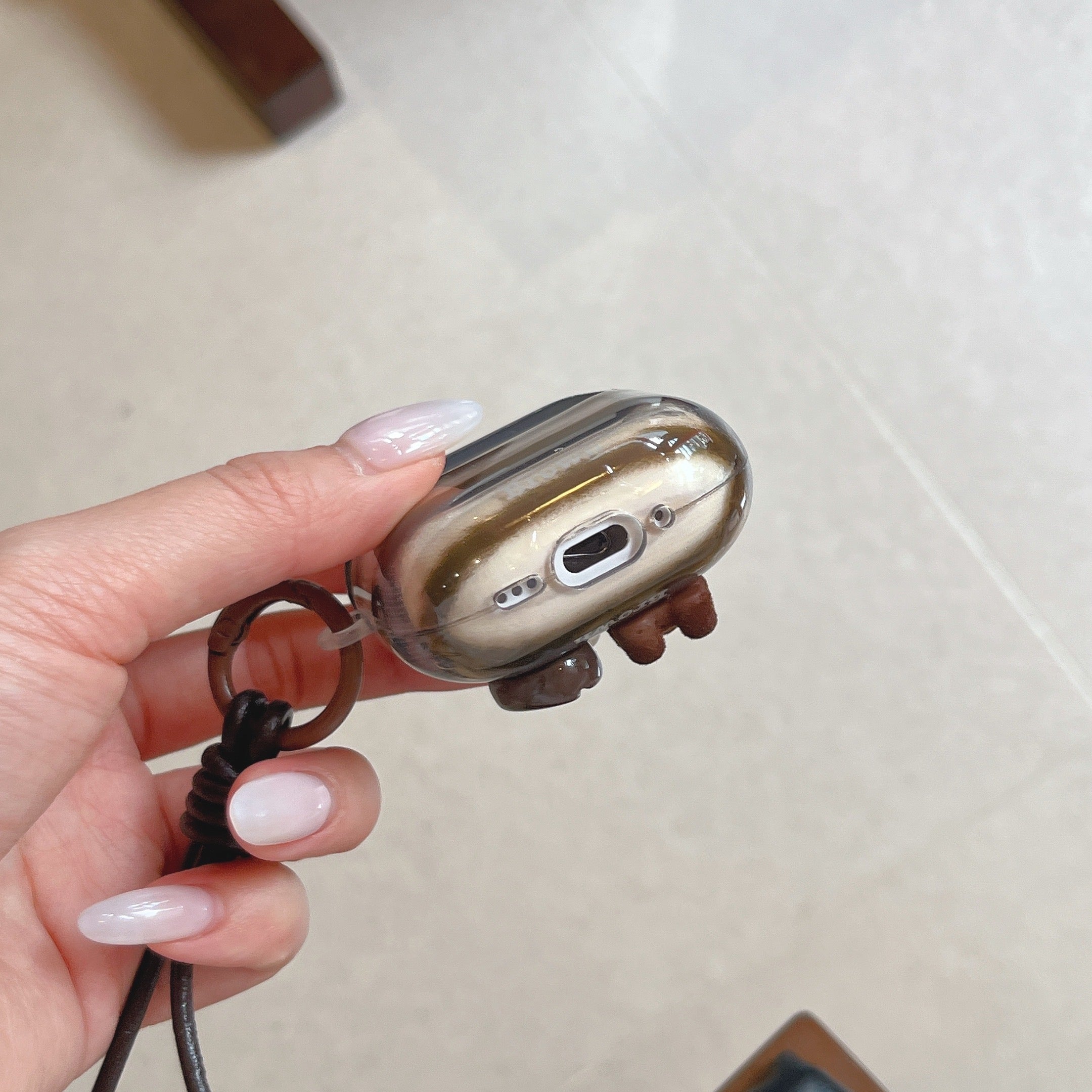 Retro striped coffee bean bear earphone case