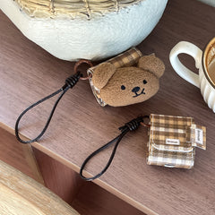 Brown plaid plush bear leather bag and earphone cover