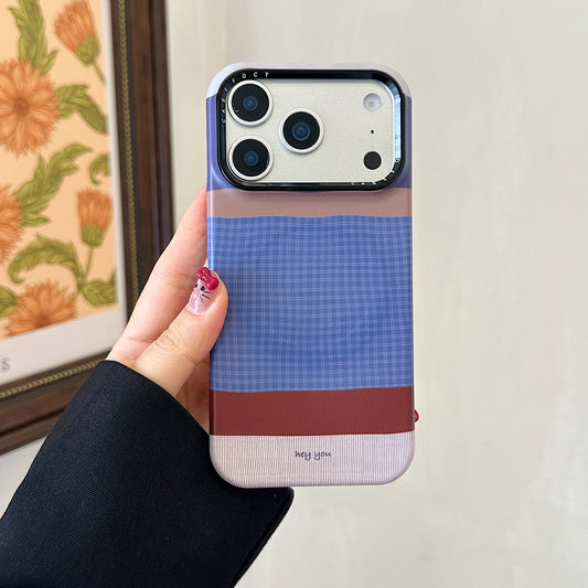 Brown, blue, and white striped phone case with magnetic stand