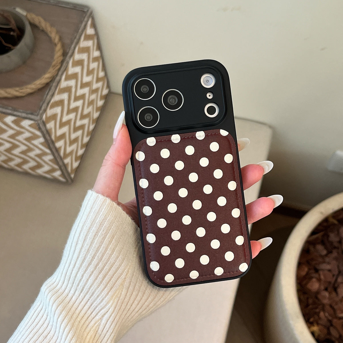 Burgundy polka dot + dog-shaped stand with large window phone case