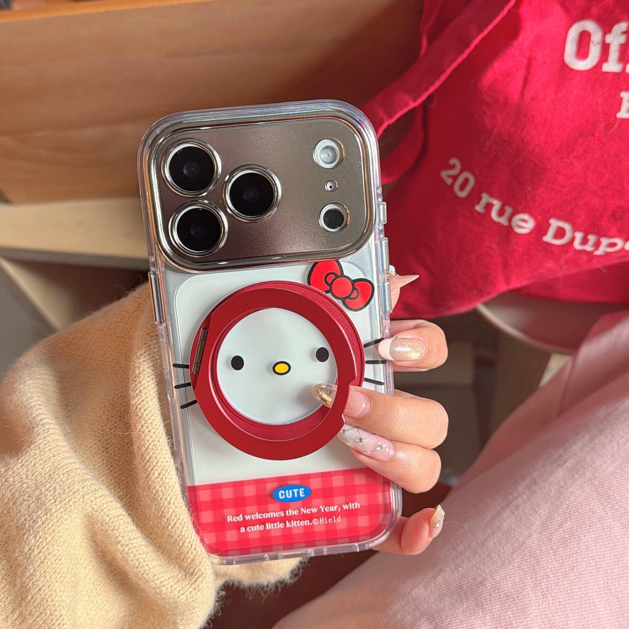 Red & Orange Hello Kitty Emoji Phone Case with Stand for iPhone 13-17 Pro Max