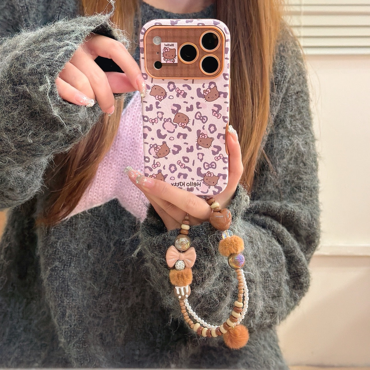 Pink leopard print brown kitty large window phone case