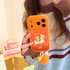 Orange-based 3D Apple phone case with gold ingot and pony design