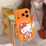 Load image into Gallery viewer, Orange-bordered Kitty hugging a bear rounded phone case
