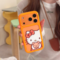Orange-bordered Kitty hugging a bear rounded phone case