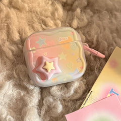 【Wave Earphone Cover】Translucent White Colorful Stars, 3D Purple and Yellow Stars + Light Pink Hanging Ring