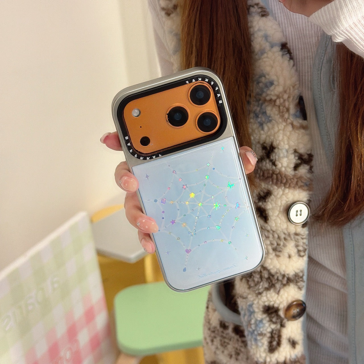 Colored gemstone spider web electroplated edge epoxy phone case