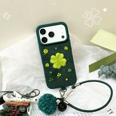 Green four-leaf clover embroidered phone case