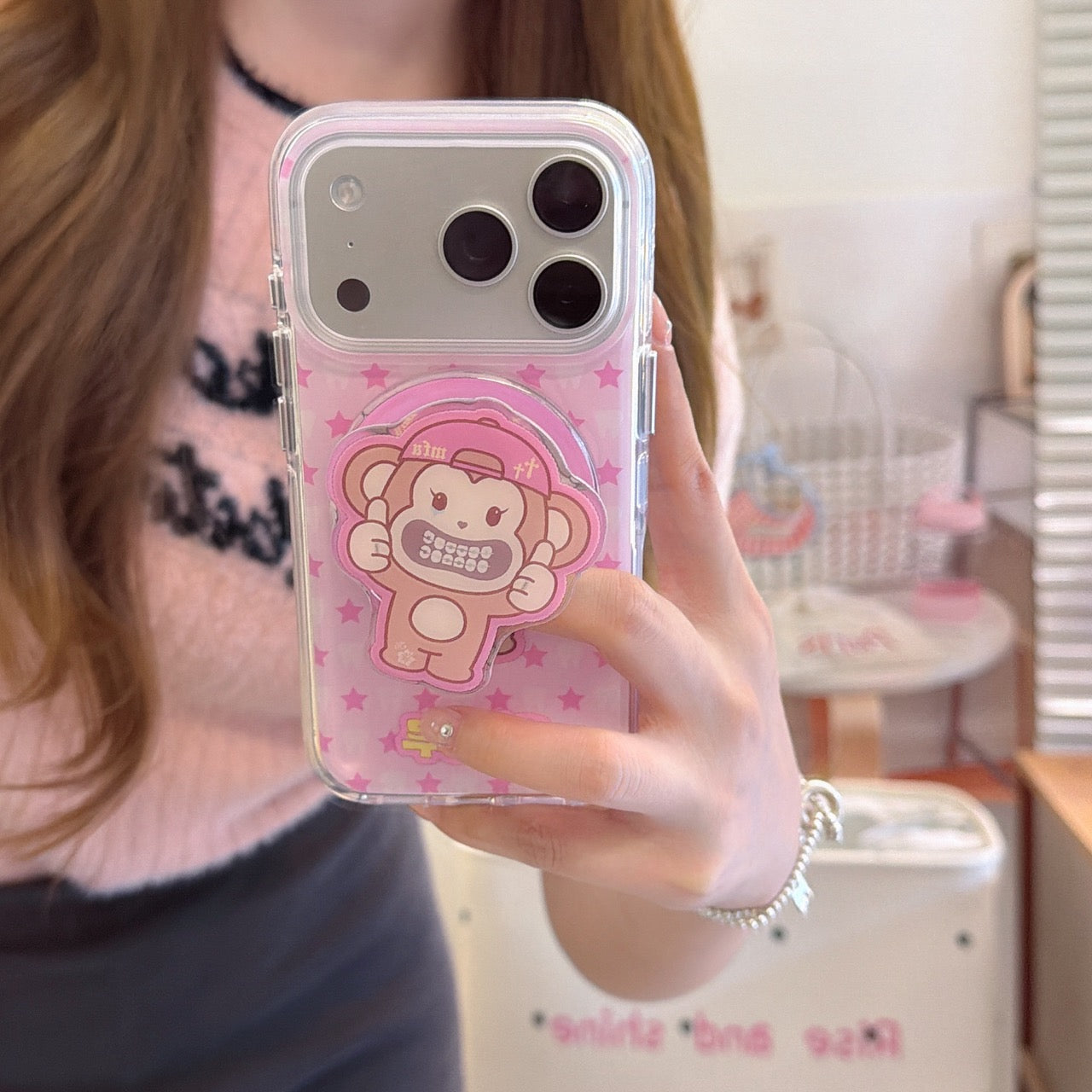 Pink Star Monkey Aesthetic iPhone Case | Y2K Streetwear Style