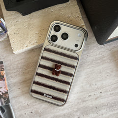 Striped 3D Pearl Bear Phone Case with Silver Edge