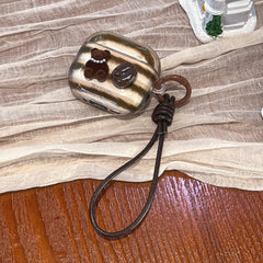 Retro striped coffee bean bear earphone case