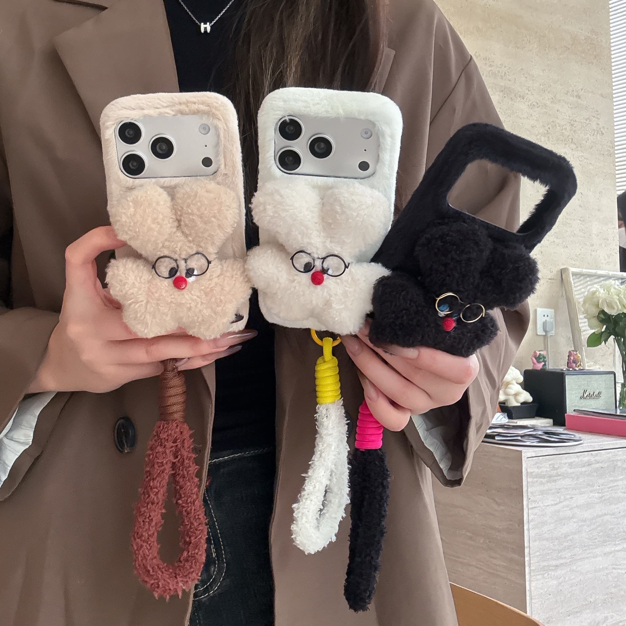 Rabbit fur glasses and rabbit phone case