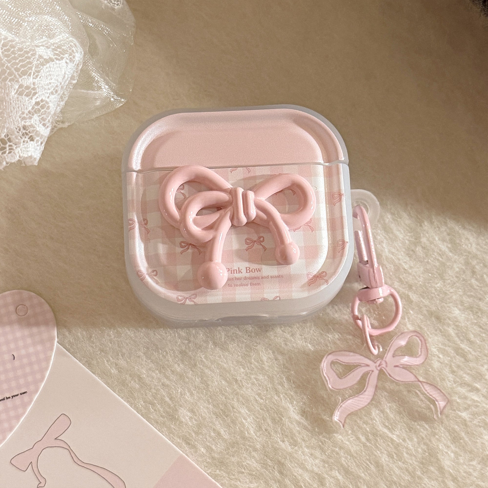 Semi-transparent pink plaid Apple earphone case
