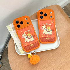 Orange-based 3D Apple phone case with gold ingot and pony design