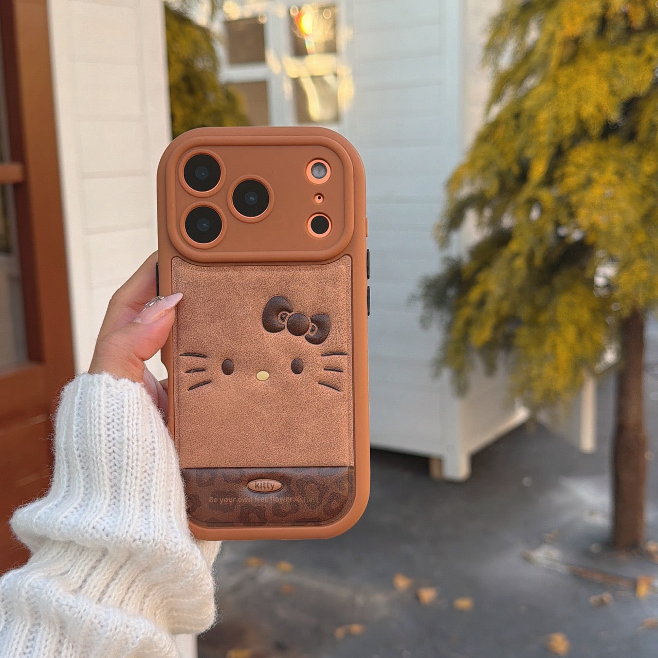 Brown plaid Rilakkuma emoji/Brown leopard print Kitty emoji rounded 3D phone case
