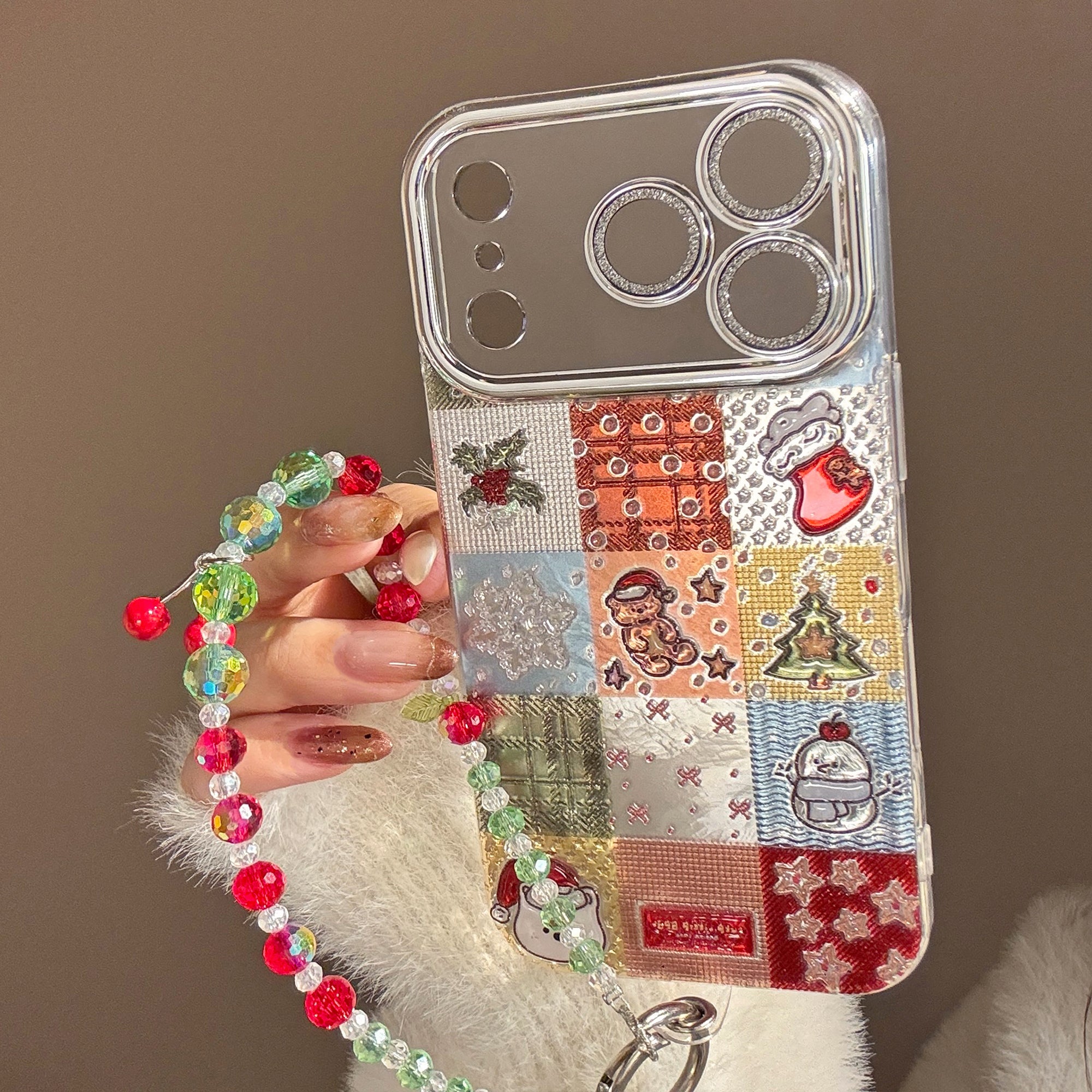 【Glittery Glaze】Silver Sandalwood Checkered Christmas Phone Case
