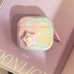 【Wave Earphone Cover】Translucent White Colorful Stars, 3D Purple and Yellow Stars + Light Pink Hanging Ring