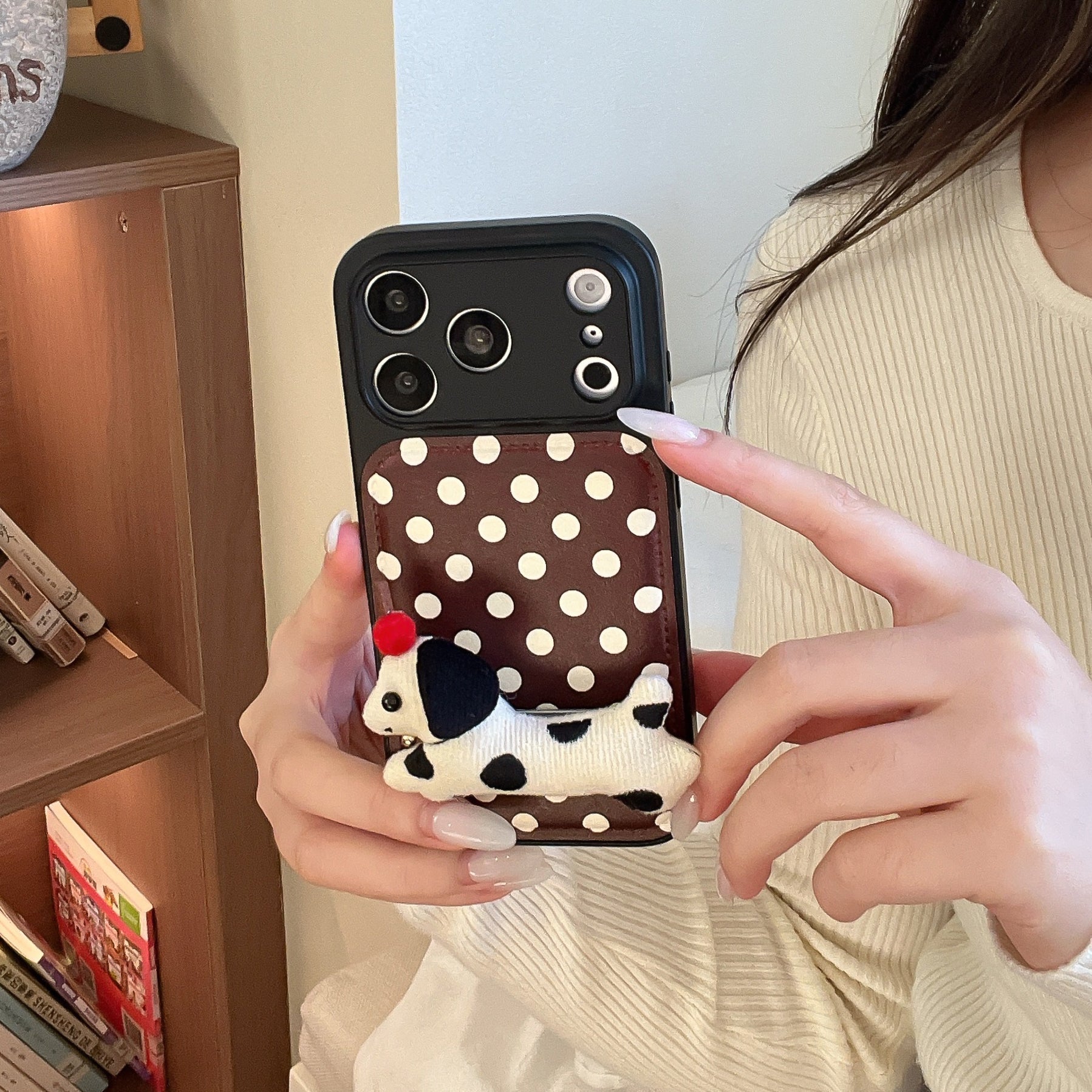 Burgundy polka dot + dog-shaped stand with large window phone case