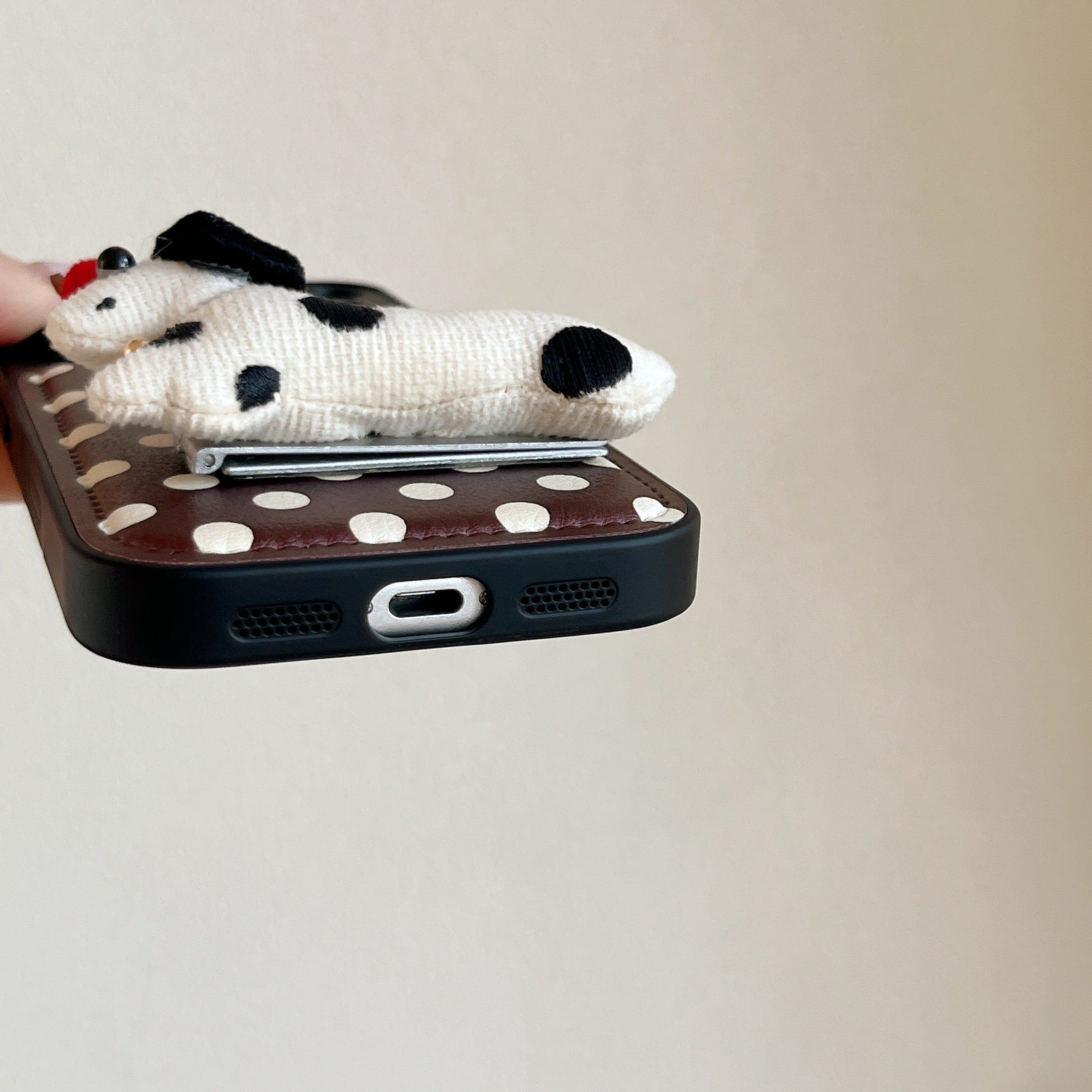 Burgundy polka dot + dog-shaped stand with large window phone case