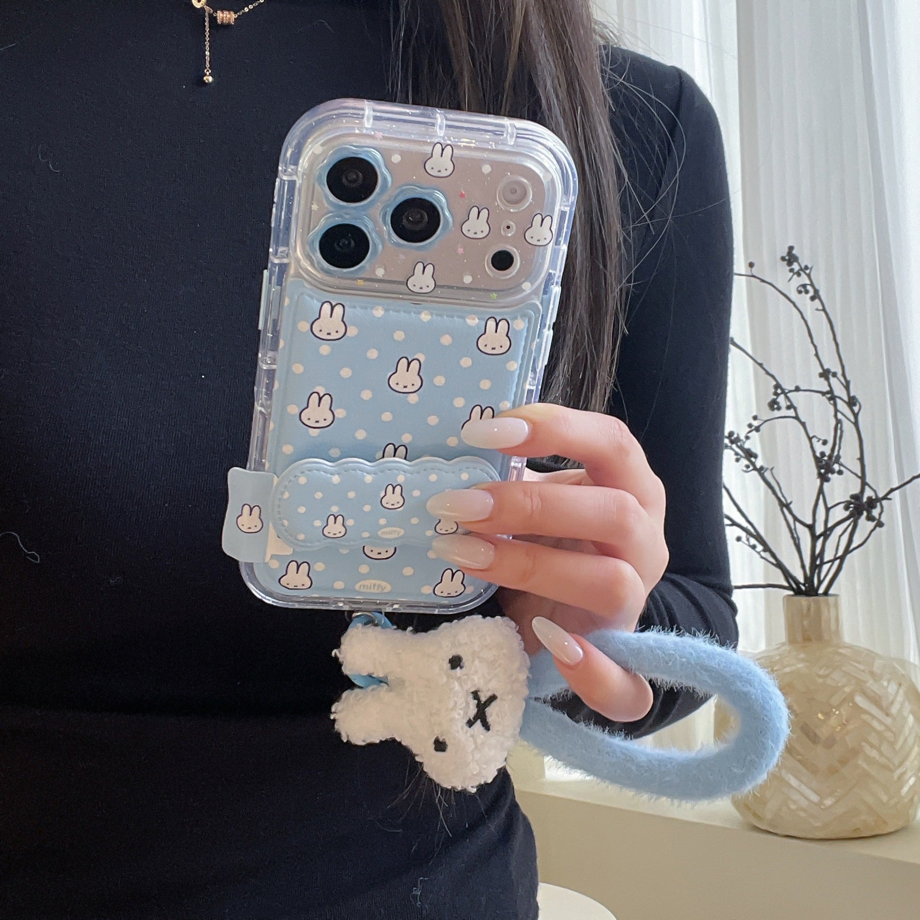 Blue and white polka dot Miffy rabbit phone case