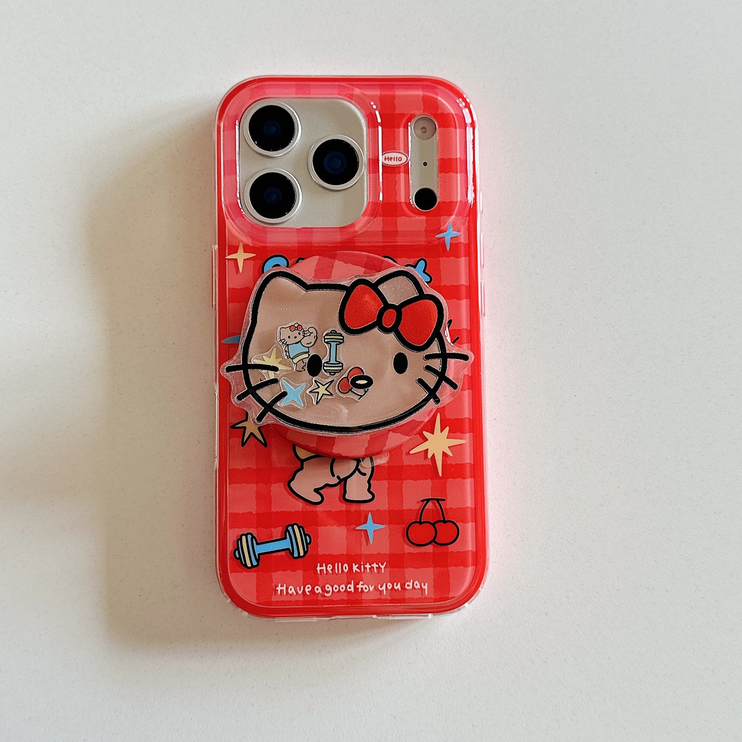 Red plaid Hercules Kitty phone case with magnetic stand
