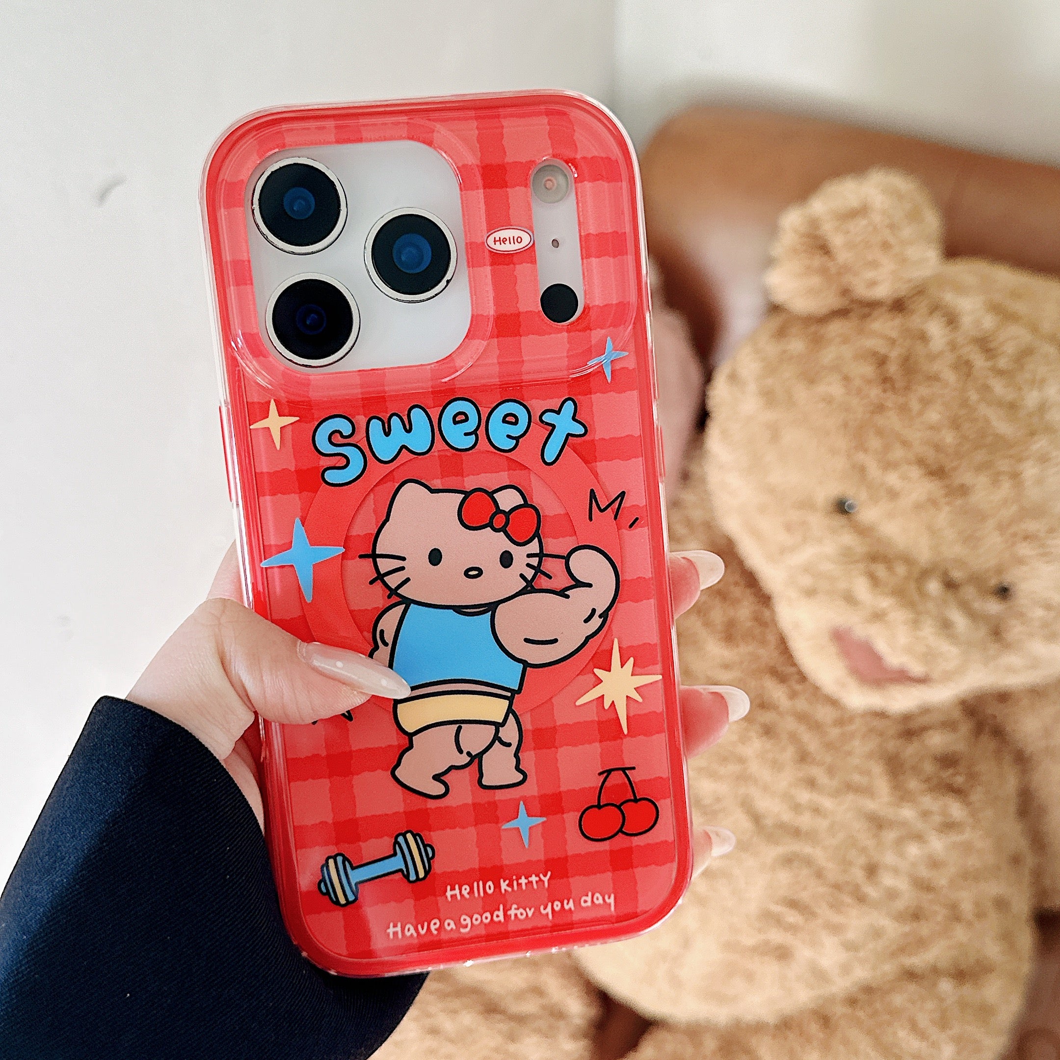 Red plaid Hercules Kitty phone case with magnetic stand