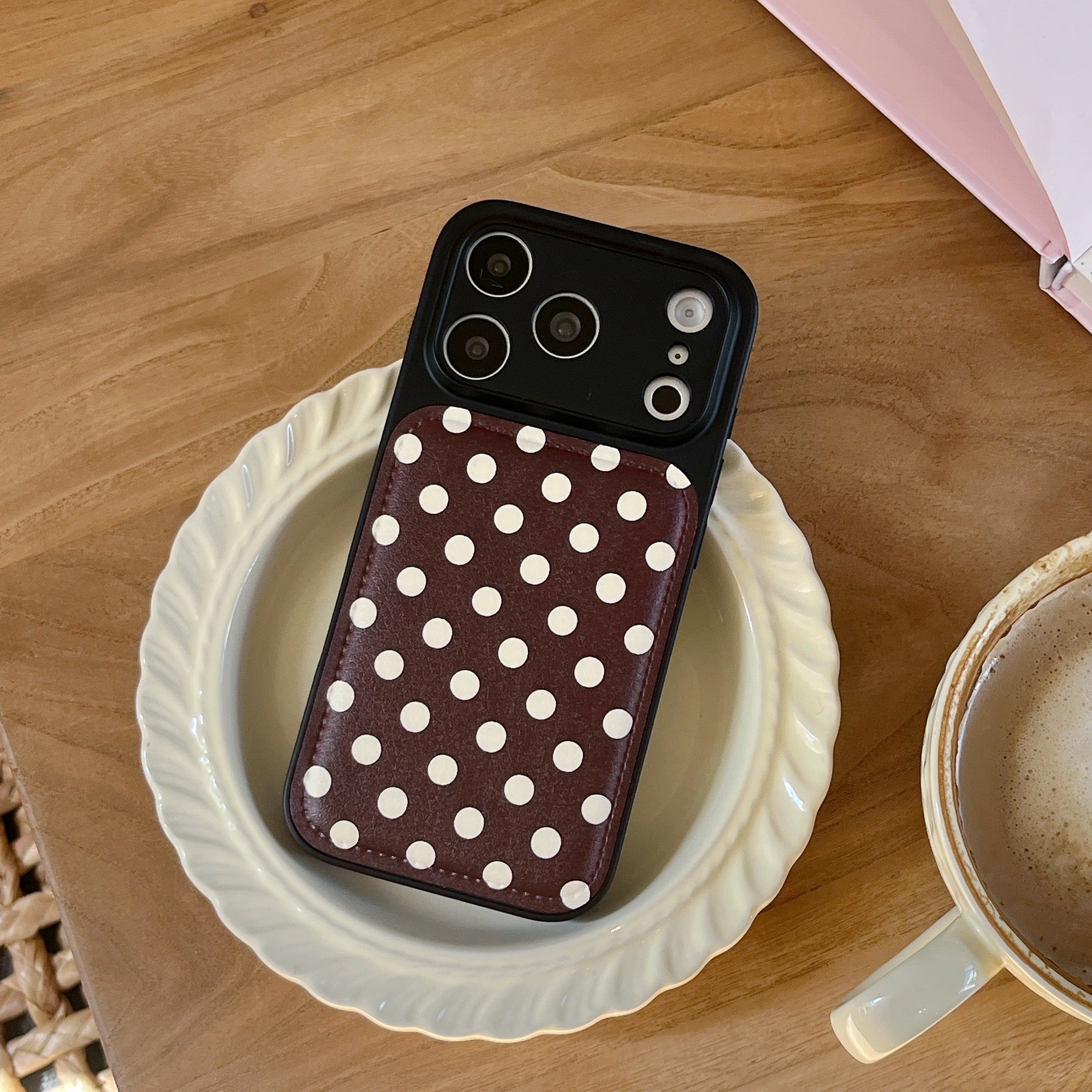Burgundy polka dot + dog-shaped stand with large window phone case