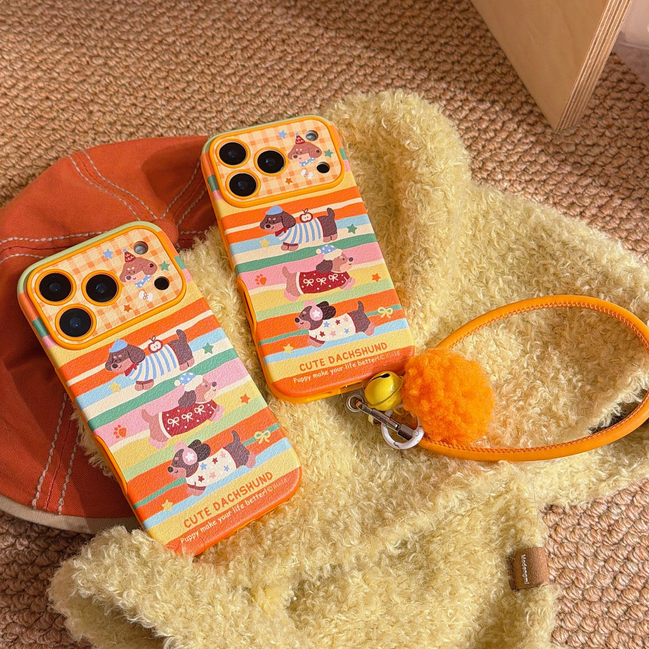 Colorful striped three dachshund phone case