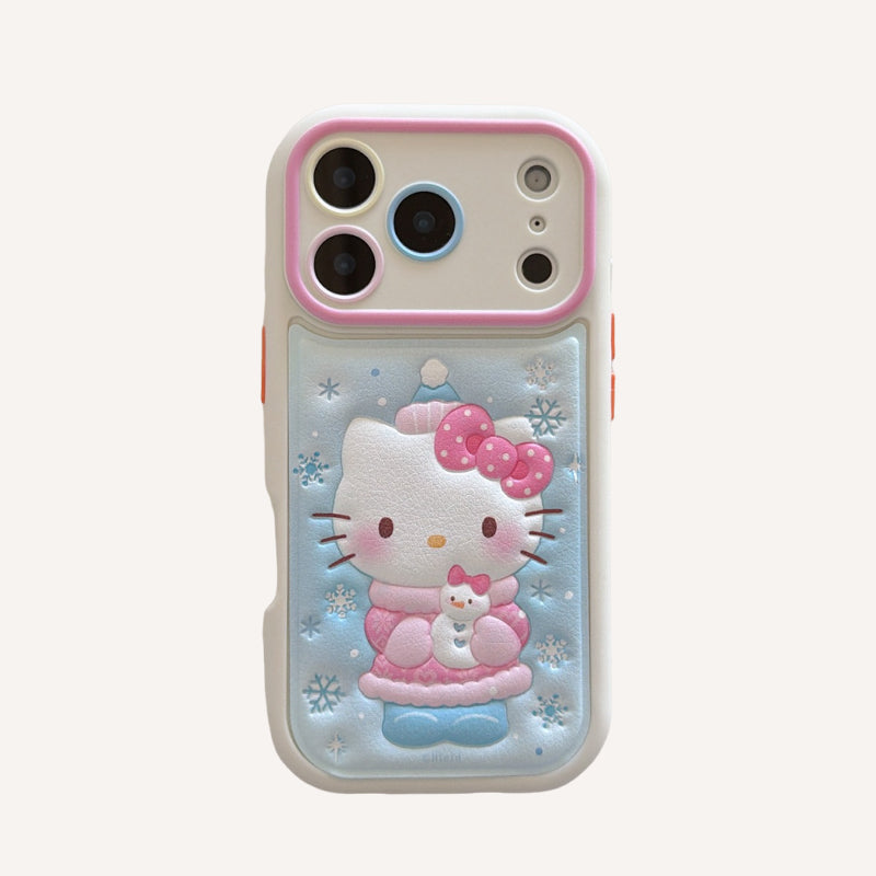 Snowflake hugging a snowman Kitty rounded 3D leather texture phone case