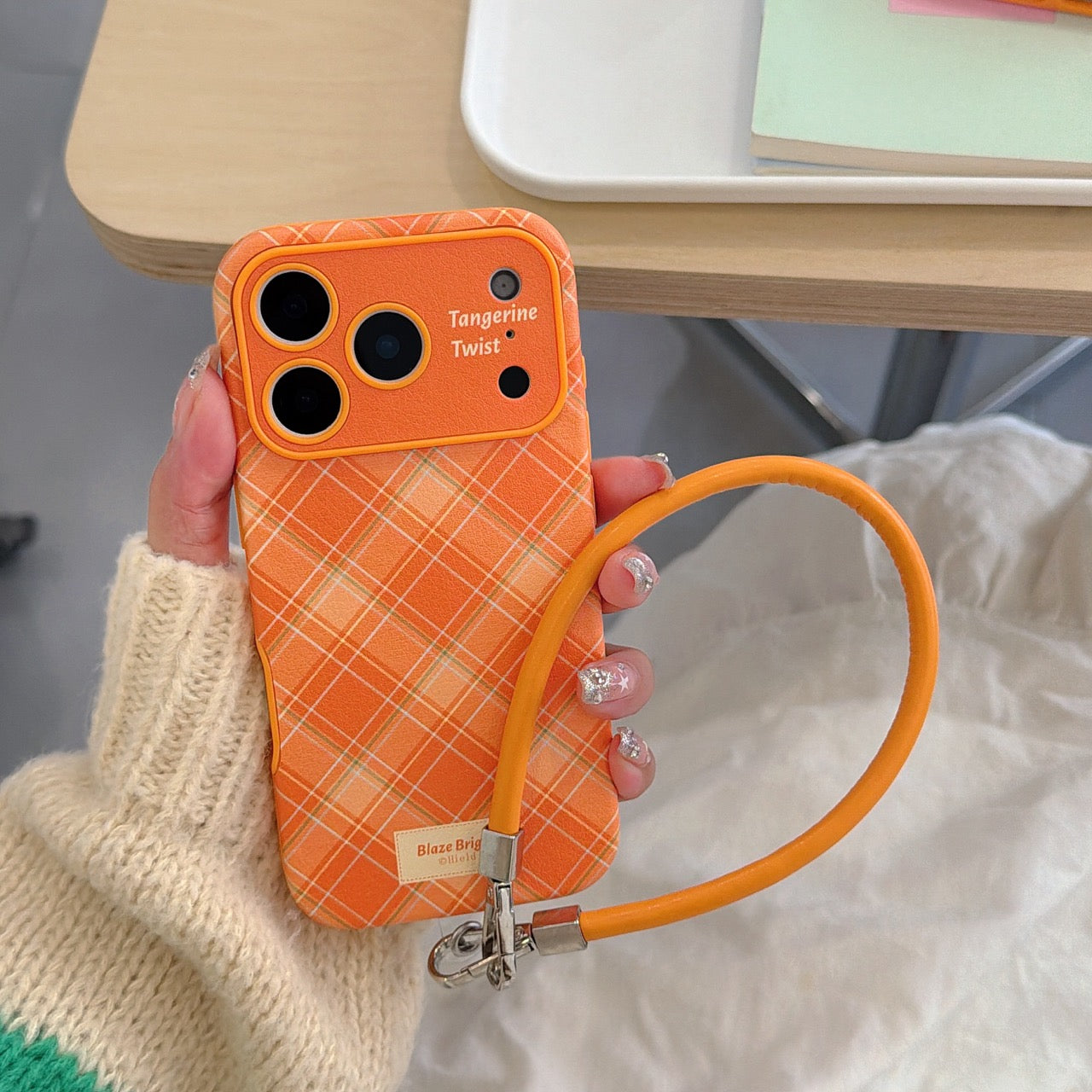 Simple orange diamond pattern large window phone case