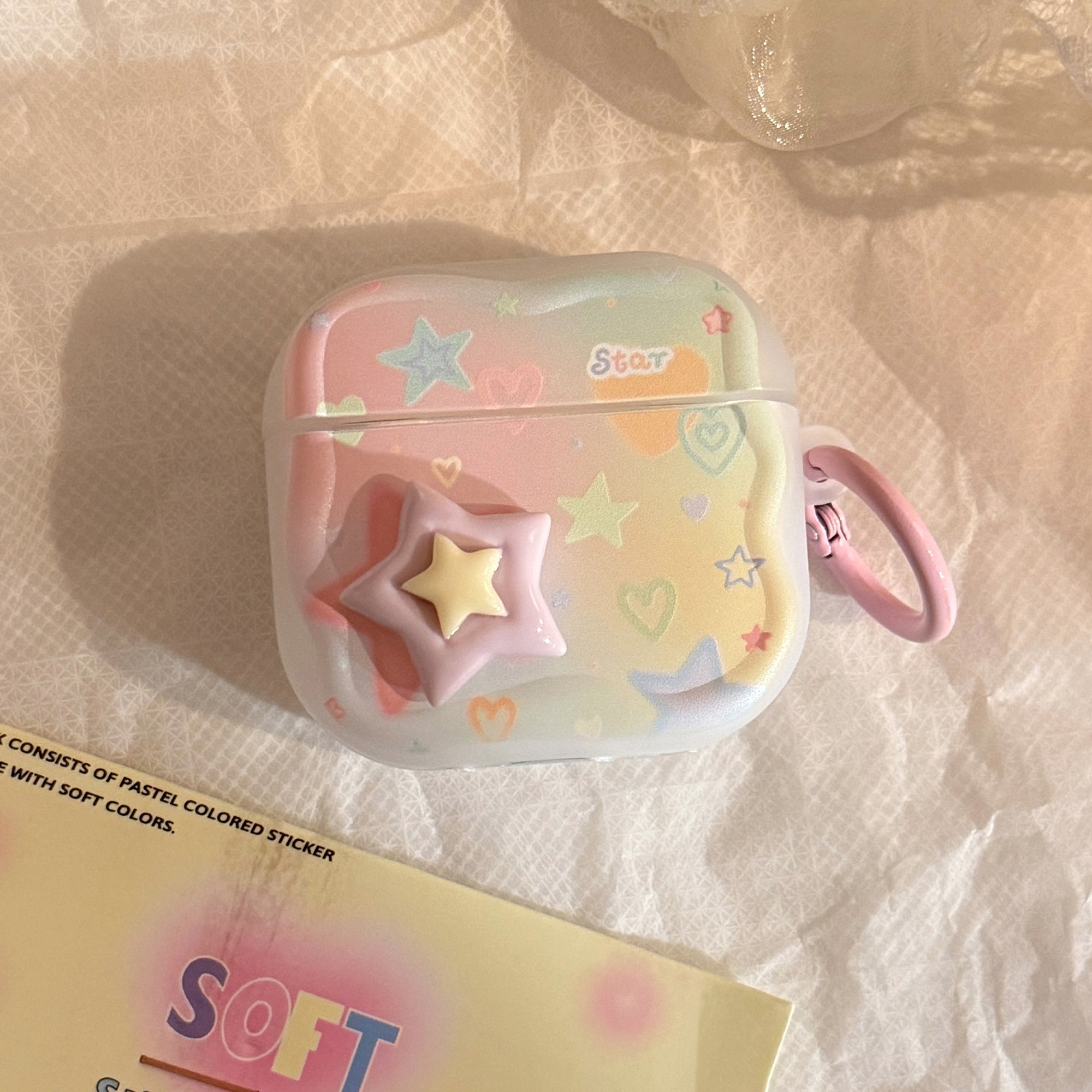 【Wave Earphone Cover】Translucent White Colorful Stars, 3D Purple and Yellow Stars + Light Pink Hanging Ring
