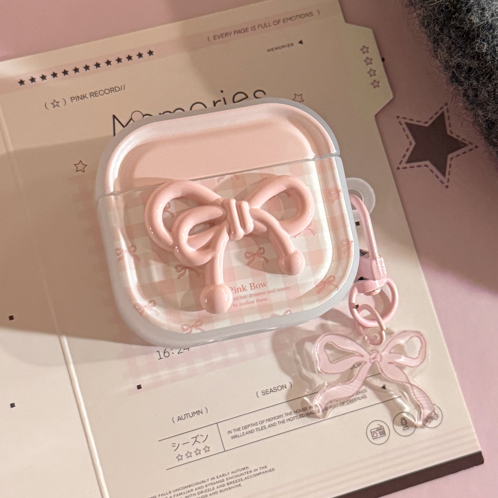 Semi-transparent pink plaid Apple earphone case