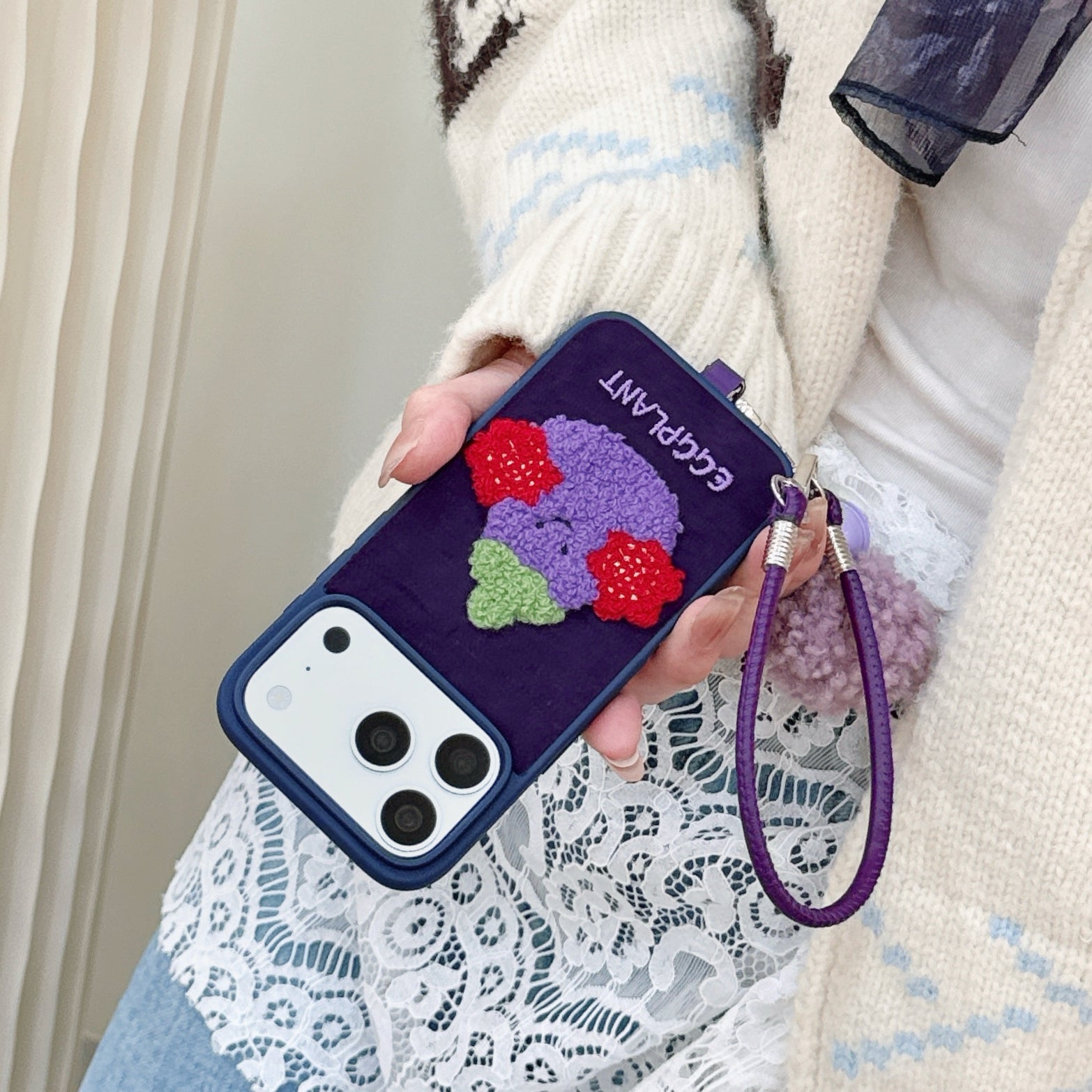 Embroidered Jellyca smiley eggplant phone case