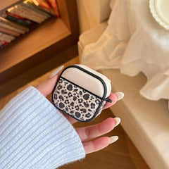 Color-blocked black leopard print magnetic drum-shaped earphone case