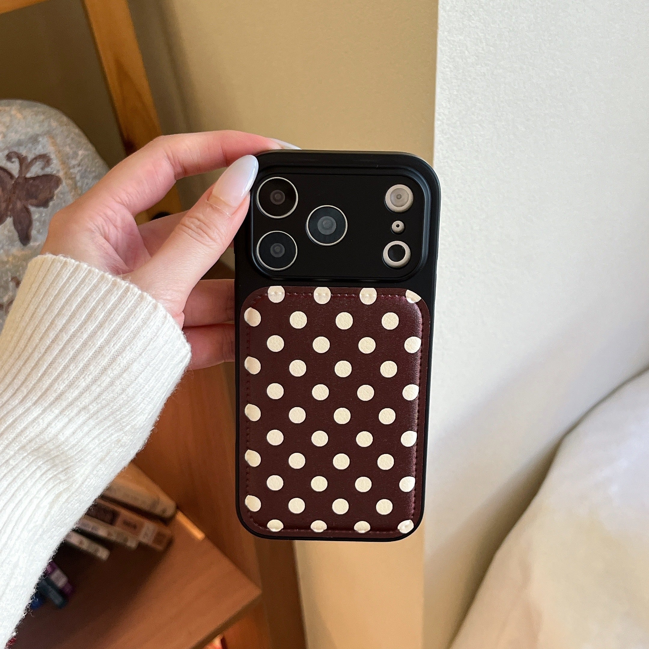 Burgundy polka dot + dog-shaped stand with large window phone case