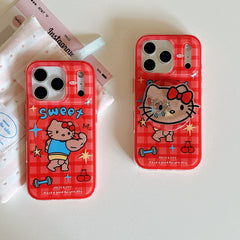 Red plaid Hercules Kitty phone case with magnetic stand