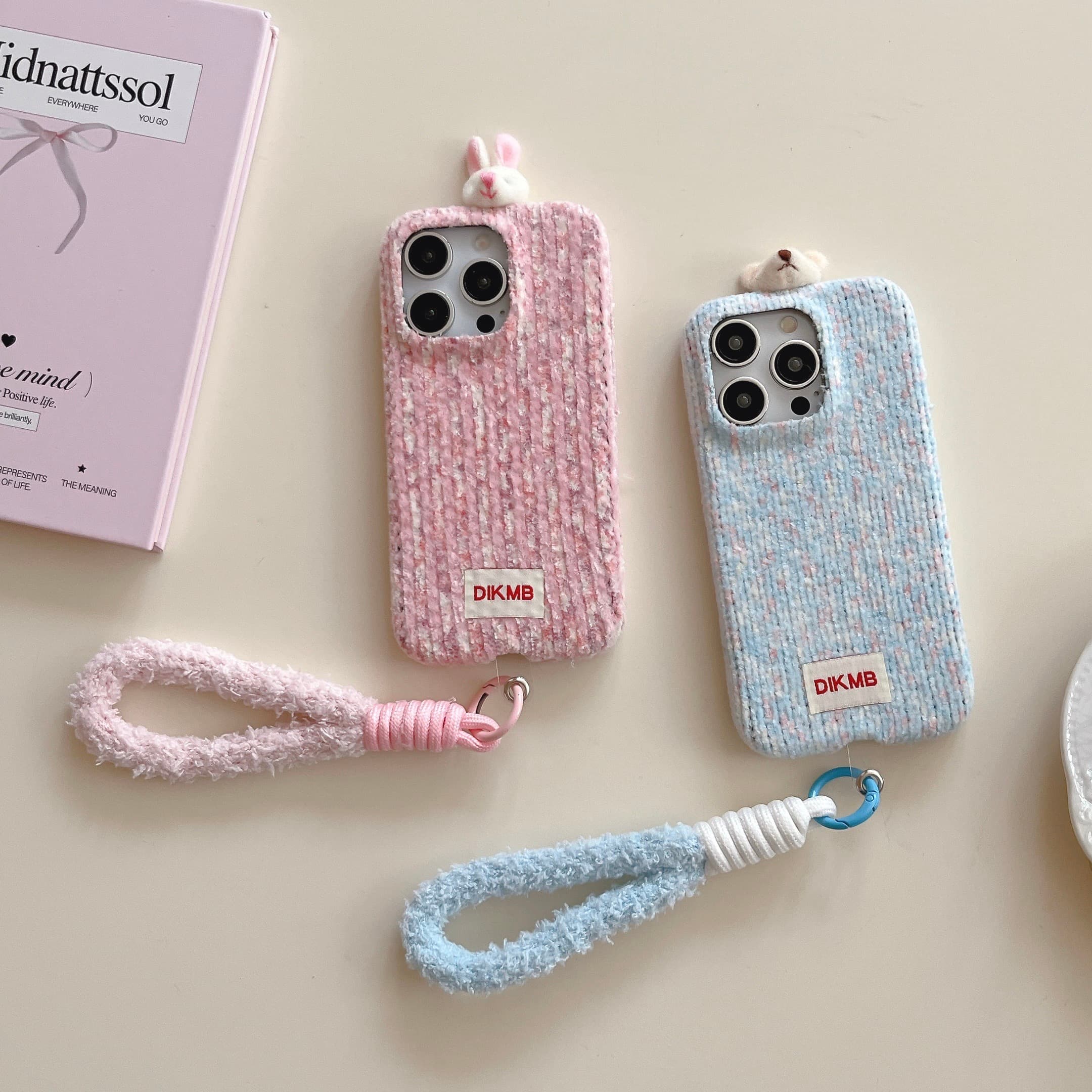 Two-tone corduroy bear and rabbit head phone case