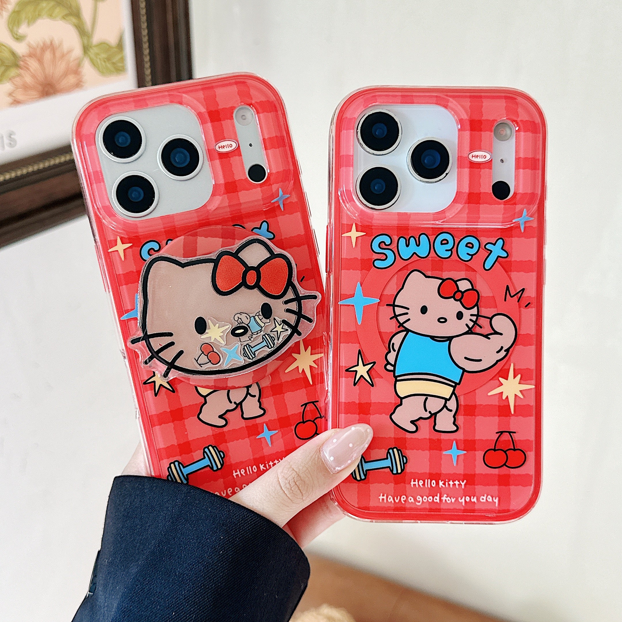 Red plaid Hercules Kitty phone case with magnetic stand