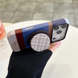 Load image into Gallery viewer, Brown, blue, and white striped phone case with magnetic stand