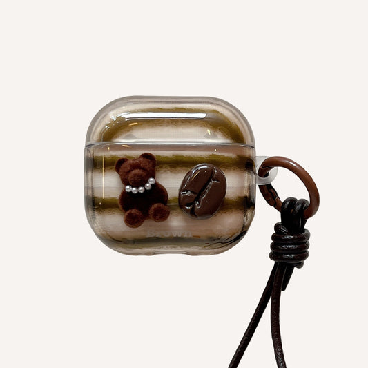 Retro striped coffee bean bear earphone case